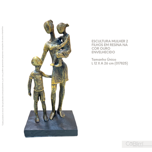 Escultura Mulher 2 Filhos em Resina na Cor Ouro Envelhecido