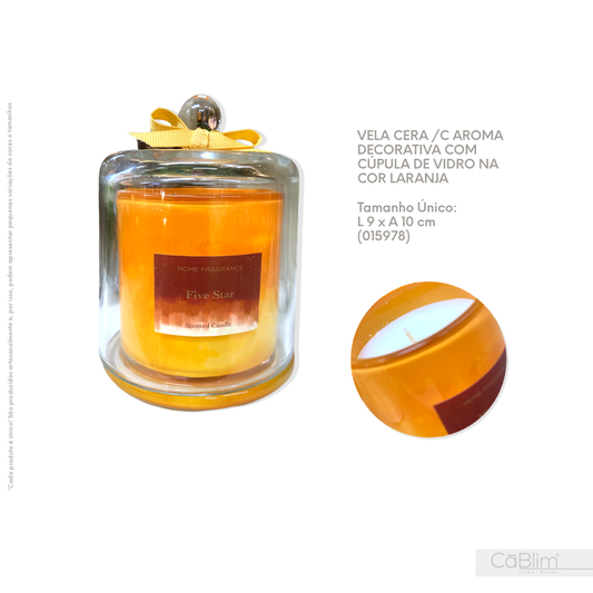 Vela Cera C/ Aroma Decorativa com Cúpula de Vidro na Cor Laranja