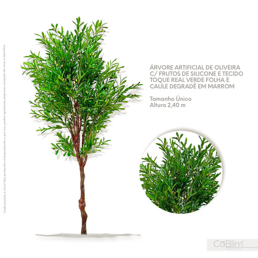 Árvore Artificial de Oliveira com Frutos de Silicone e Tecido Toque Real Verde Folha com Caule Degrade em Marrom