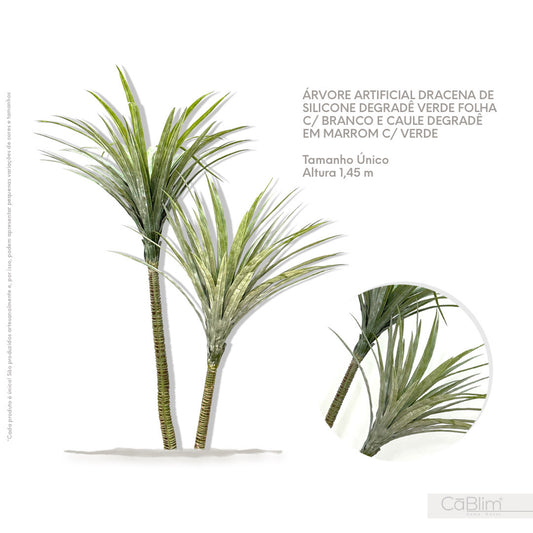 Árvore Artificial Dracena de Silicone Degrade Verde Folha com Branco e Caule Degrade em Marrom com Verde