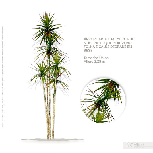 Árvore Artificial Yucca de Silicone Toque Real Verde Folha e Caule Degrade em Bege