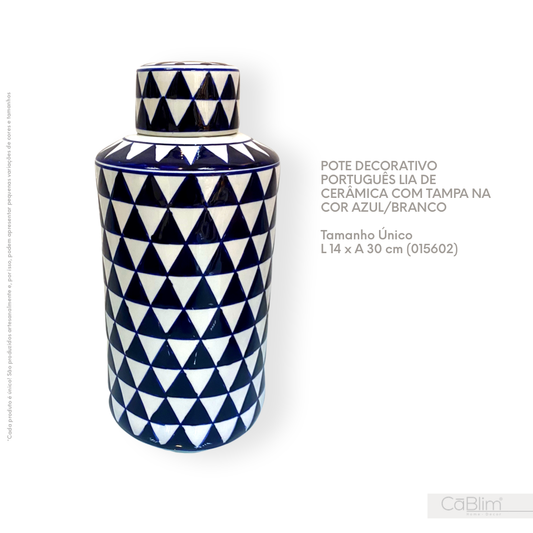 Pote Decorativo Português Lia de Cerâmica com Tampa na Cor Azul/Branco