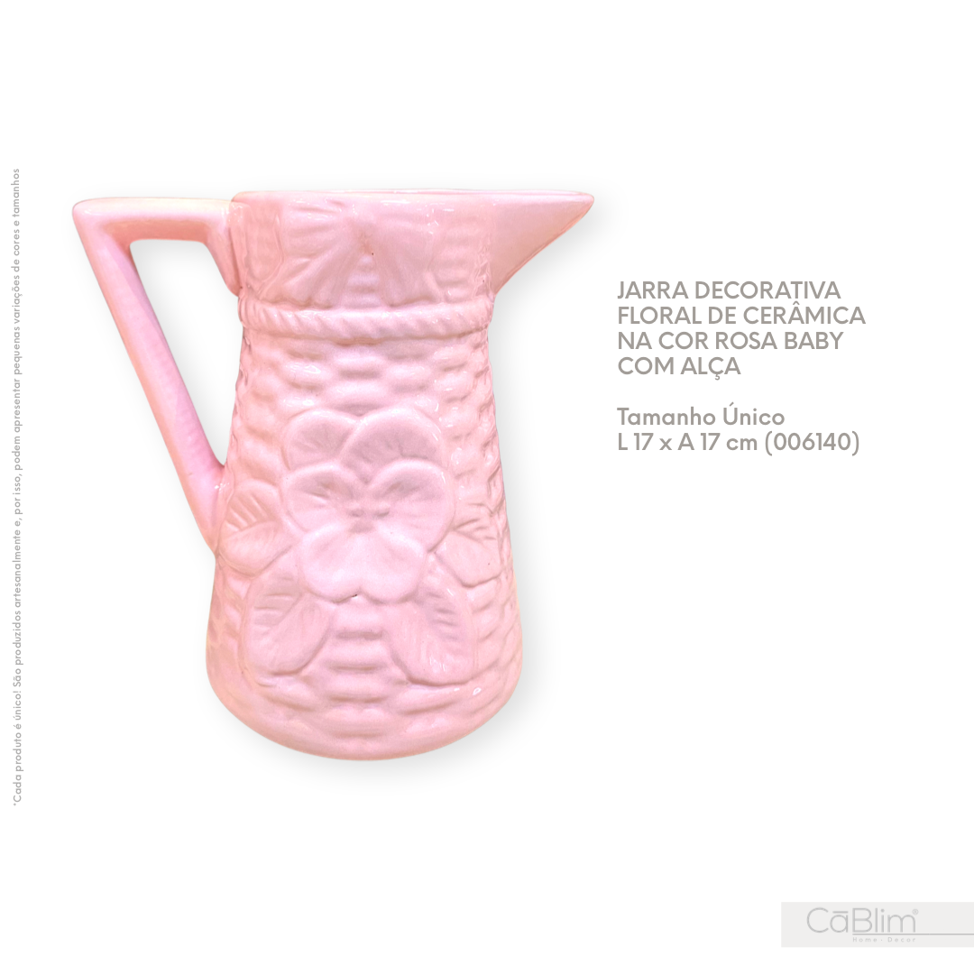 Jarro Decorativa Floral de Cerâmica na Cor Rosa Baby com Alça