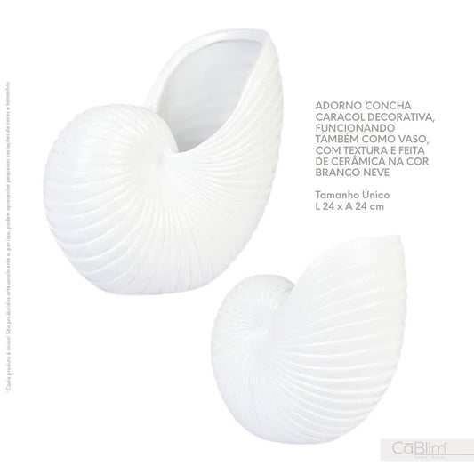 Adorno Concha Caracol Decorativa Funcionando Também Como Vaso Com Textura Feita de Cerâmica na Cor Branco Neve