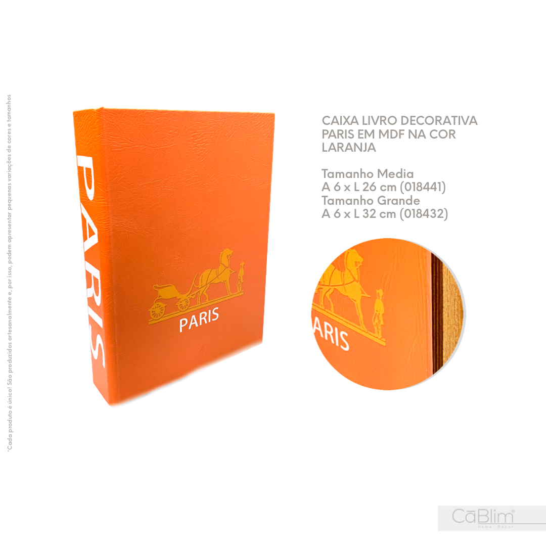 Livro Caixa Decorativo Paris em MDF na Cor Laranja