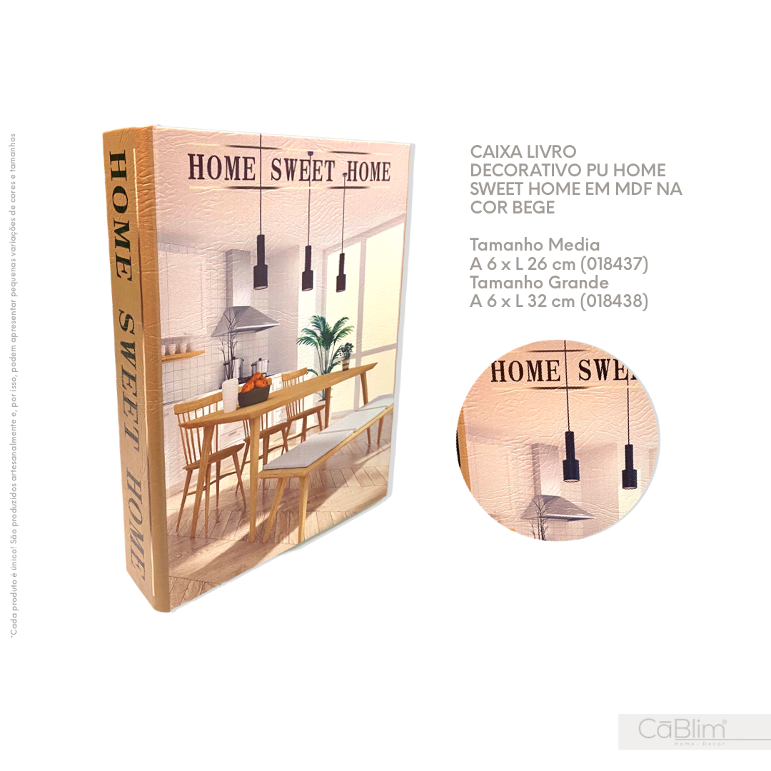 Livro Caixa Decorativo Pu Home Sweet Home em MDF na Cor Bege