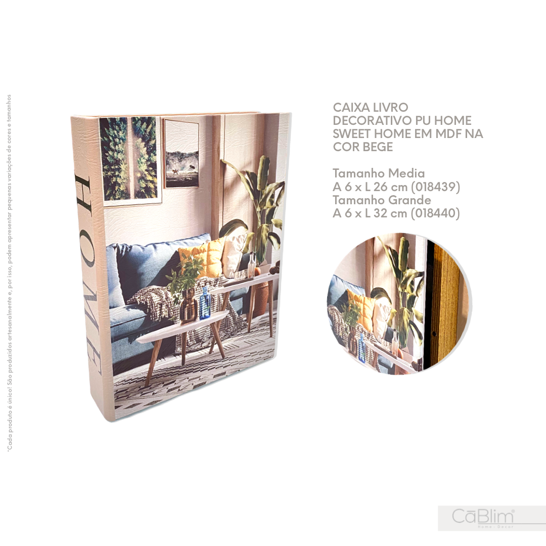 Livro Caixa Decorativo Pu Home Sweet Home em MDF na Cor Bege