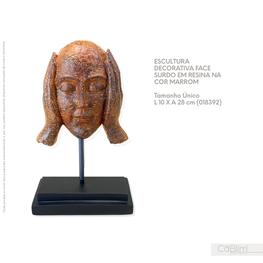 Escultura Decorativa Face Surdo em Resina na Cor Marrom