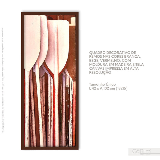 Quadro Decorativo de Remos nas Cores Branca, Bege, Vermelho com Moldura em Madeira e Tela Canvas impressa em Alta Resolução