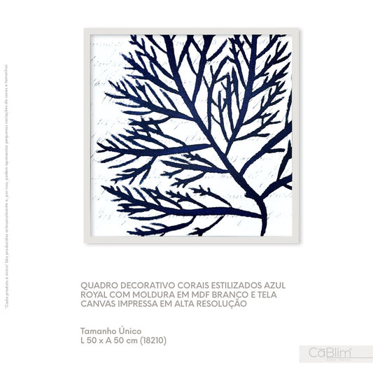 Quadro Decorativo Corais Estilizados Azul Royal com Moldura em MDF Branco e Tela Canvas Impressa em Alta Resolução