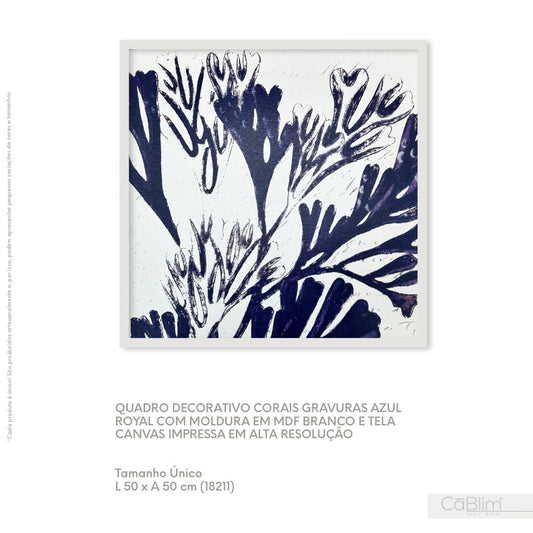 Quadro Decorativo Corais Gravuras Azul Royal com Moldura em MDF Branco e Tela Canvas Impressa em Alta Resolução