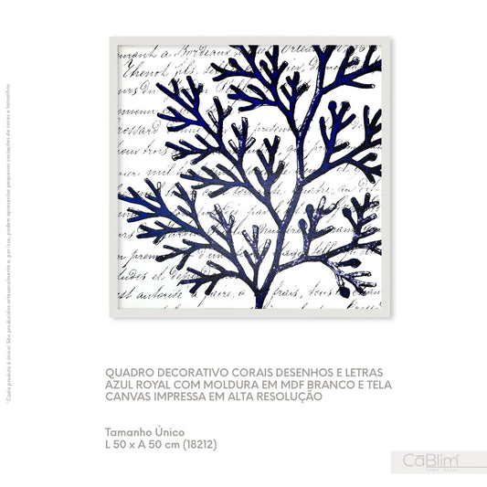 Quadro Decorativo Corais Desenhos e Letras Azul Royal com Moldura em MDF Branco e Tela Canvas Impressa em Alta Resolução