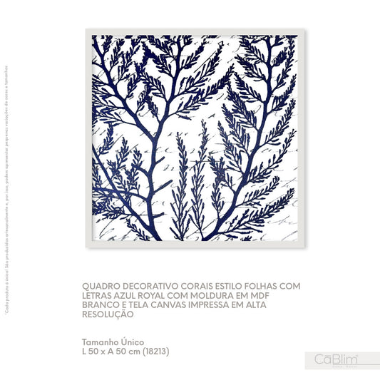 Quadro Decorativo Corais Estilo Folhas com Letras Azul Royal com Moldura em MDF Branco e Tela Canvas Impressa em Alta Resolução