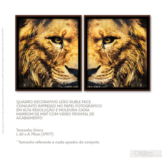 Quadro Decorativo Leão Double Face Conjunto Impresso no Papel Fotográfico em Alta Resolução e Moldura Caixa Marrom de MDF com Vidro Frontal de Acabamento