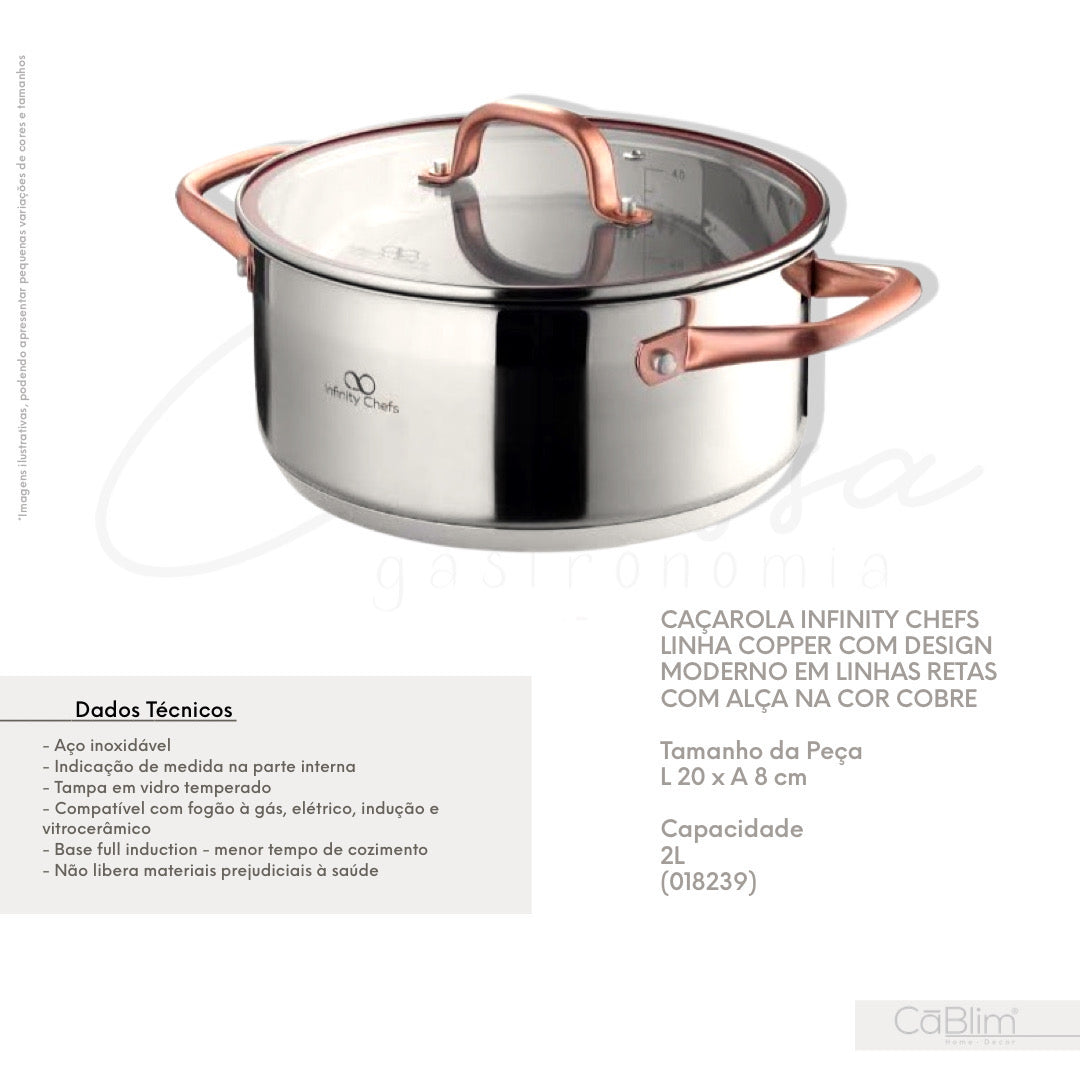 Caçarola Infinity Chefs Linha Copper com Design Moderno em Linhas Retas com Alça na Cor Cobre