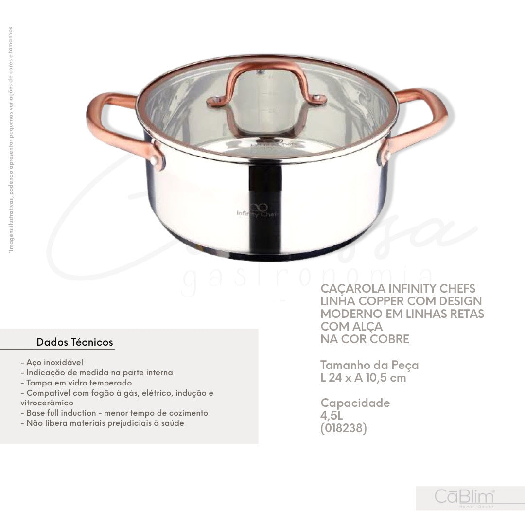 Caçarola Infinity Chefs Linha Copper com Design Moderno em Linhas Retas com Alça na Cor Cobre