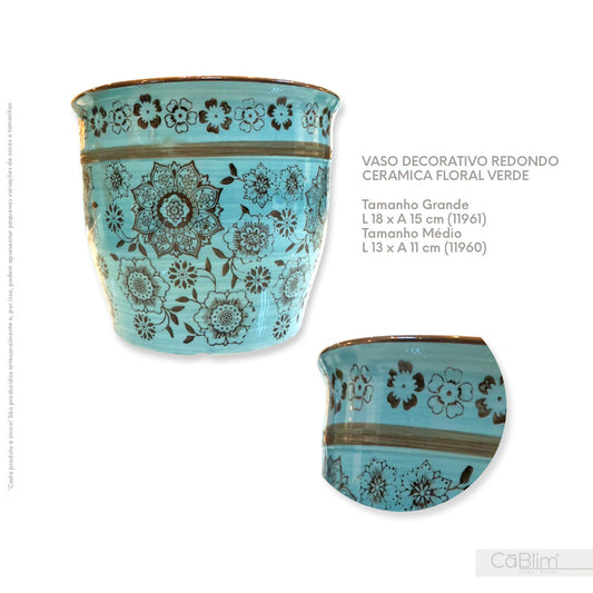 Vaso Decorativo Cerâmica Redondo Floral Verde