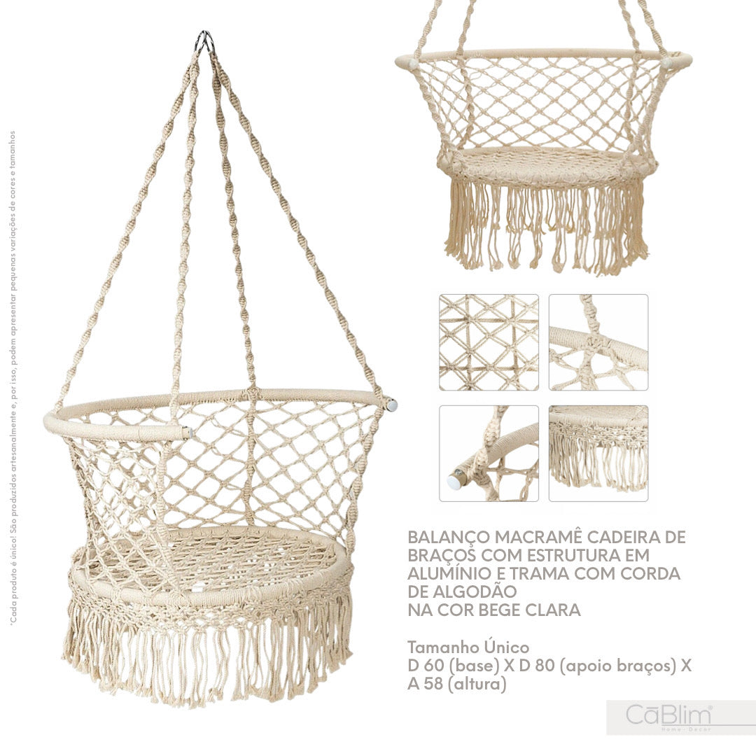 Balanço Macramê Cadeira de Braços com Estrutura em Alumínio e Trama com Corda de Algodão na Cor Bege Clara