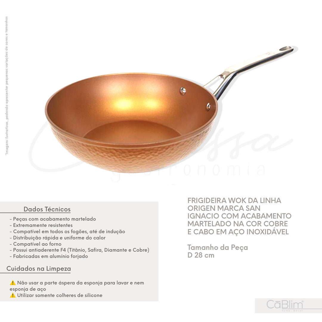 Frigideira Wok da Linha Origen Marca San Ignacio com Acabamento Martelado na Cor Cobre e Cabo em Aço Inoxidável