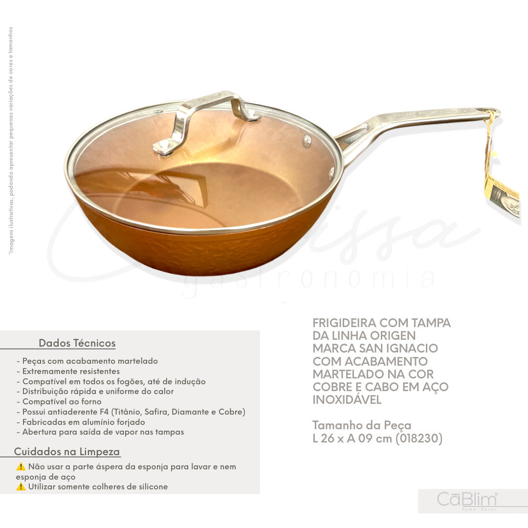 Frigideira com Tampa da Linha Origen Marca San Ignacio com Acabamento Martelado na Cor Cobre e Cabo em Aço Inoxidável