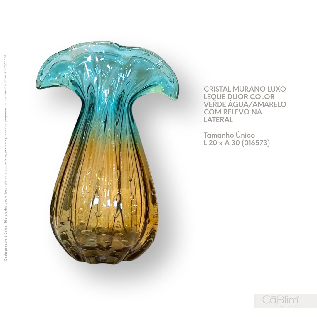 Cristal Murano Luxo Leque Duor Color Verde Água/Amarelo com Relevo na Lateral