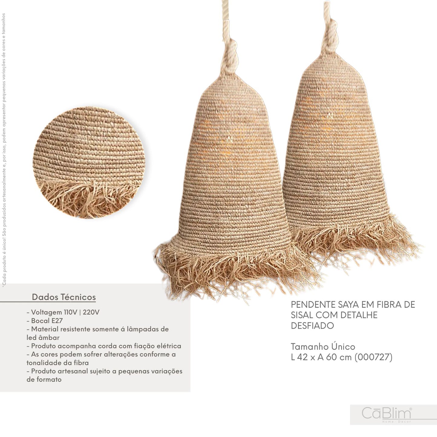 Luminária Saya Fibra de Sisal com Detalhe Desfiado